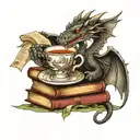 dragon on a book stack holding a tea cup with a library background  tattoo design idea