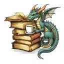 dragon on a book stack holding a tea cup with a library background  tattoo design idea