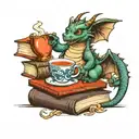 dragon on a book stack holding a tea cup with a library background  tattoo design idea