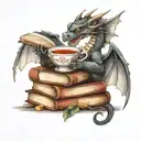 dragon on a book stack holding a tea cup with a library background  tattoo design idea
