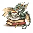 dragon on a book stack holding a tea cup with a library background  tattoo design idea