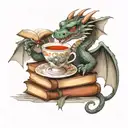 dragon on a book stack holding a tea cup with a library background  tattoo design idea