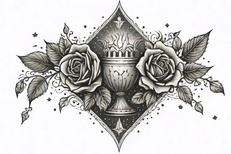 holy grail, stars, roses and hand holding tattoo design idea