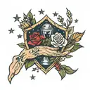 holy grail. hand, roses and stars tattoo design idea