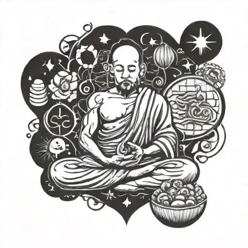 monk meditating between heart and brain made tattoo design idea