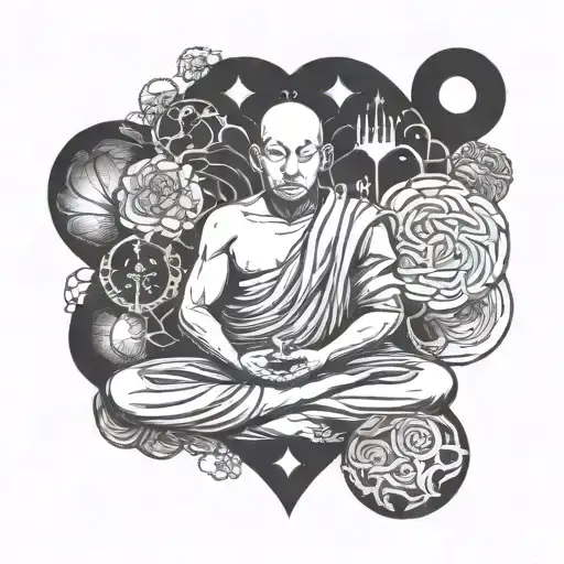 monk meditating between heart and brain made tattoo design idea