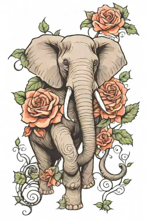 elephant with rose intertwined tattoo design idea