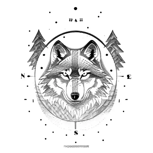 A compass with a wolf howling at the moon in the background, surrounded by a forest scene tattoo design idea