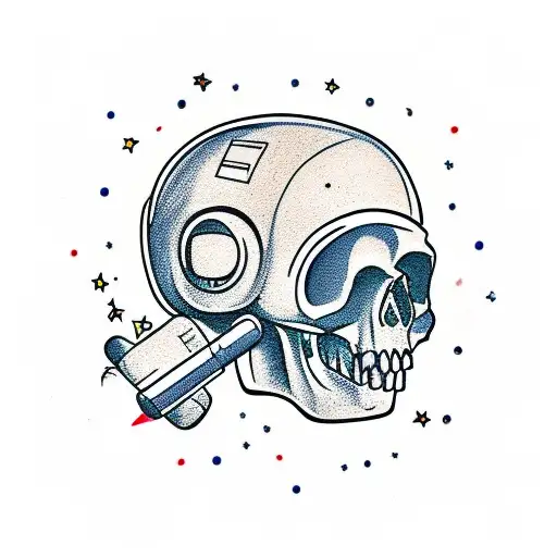 astronaut, with a skull instead of a face, with broken glass, a cigarette in his teeth, from head to shoulders tattoo design idea