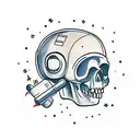 astronaut, with a skull instead of a face, with broken glass, a cigarette in his teeth, from head to shoulders tattoo design idea