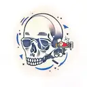 astronaut, with a skull instead of a face, with broken glass, a cigarette in his teeth, from head to shoulders tattoo design idea