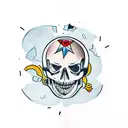 astronaut, with a skull instead of a face, with broken glass, a cigarette in his teeth, from head to shoulders tattoo design idea