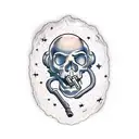 astronaut, with a skull instead of a face, with broken glass, a cigarette in his teeth, from head to shoulders tattoo design idea