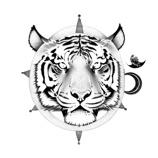 tiger with sun and moon tattoo design idea