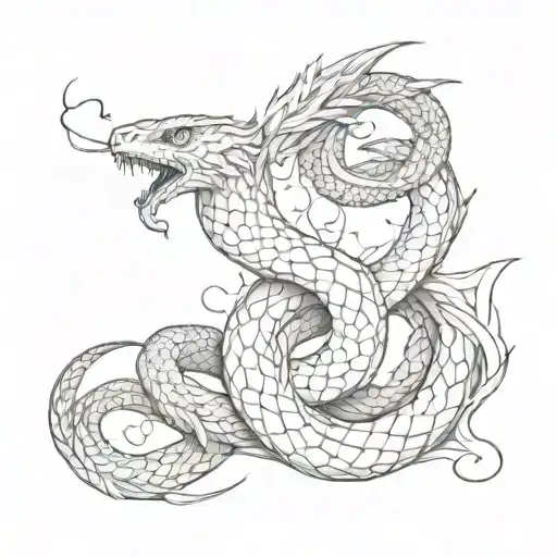 A sketch style tattoo of a snake and phoenix merging together, symbolizing rebirth and transformation tattoo design idea