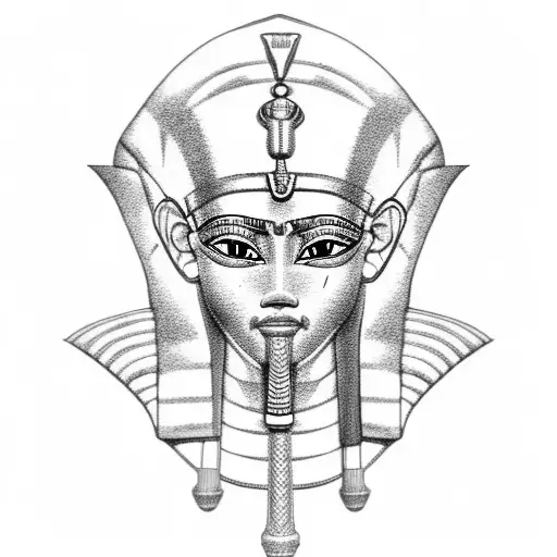 An Egyptian pharaoh wearing a Kaws mask, with Arabic calligraphy in the background tattoo design idea