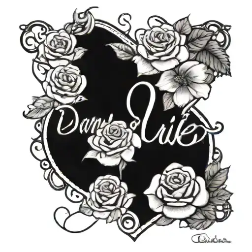 detailed tattoo with hearts and roses with the name danielle in cursive intertwining with the tattoo tattoo design idea