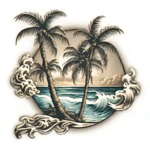 palm tree by the ocean wave tattoo design idea