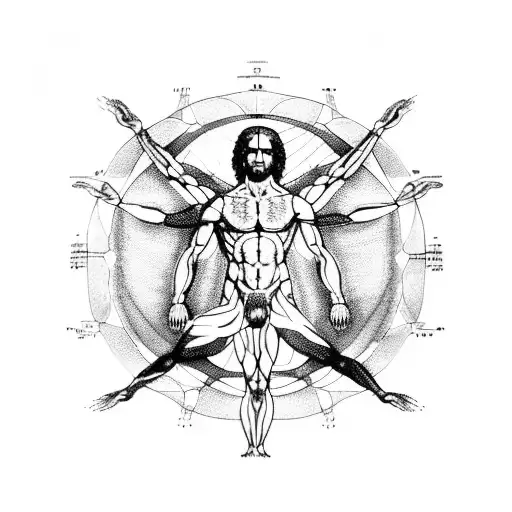 A detailed blackwork tattoo of Da Vinci's Vitruvian Man with a galaxy background tattoo design idea