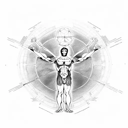 A detailed linework tattoo of Da Vinci's Vitruvian Man with a galaxy background, depicting knowledge, wisdom and movemen tattoo design idea