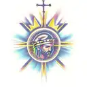 cross with light rays and crown of thorns on top of cross and forgiven wrote on the cross tattoo design idea
