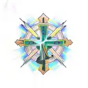 cross with light rays and crown of thorns on top of cross and forgiven wrote on the cross tattoo design idea