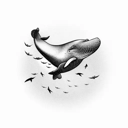 A whale breaching the surface of the ocean with a flock of birds flying above tattoo design idea