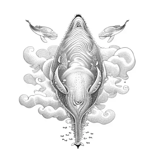 An intricate design of a whale diving deep into the ocean surrounded by swirling clouds and birds in flight tattoo design idea