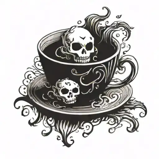 A tea cup with a spooky Tim Burton-style twist tattoo design idea