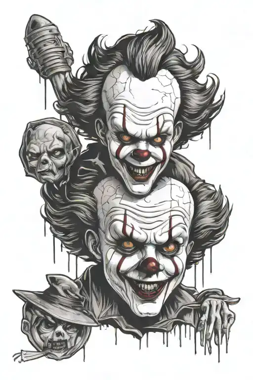 horror theme including pennywise and Michael myers and Jason vorhees with a Tim Burton edge tattoo design idea