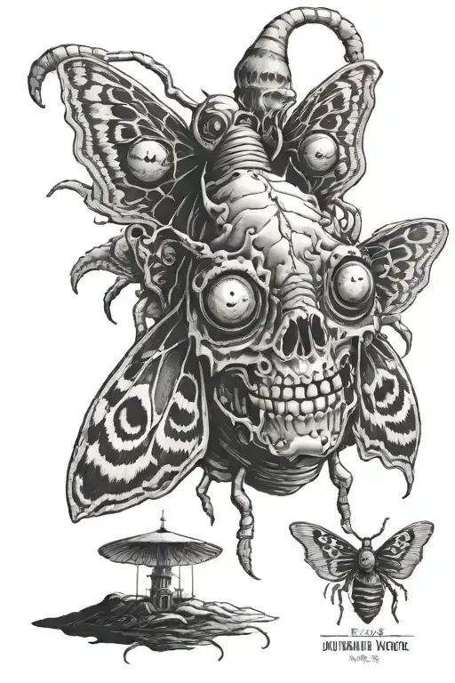 Tim Burton scary movie scene featuring with Hannibal face death moth tattoo design idea