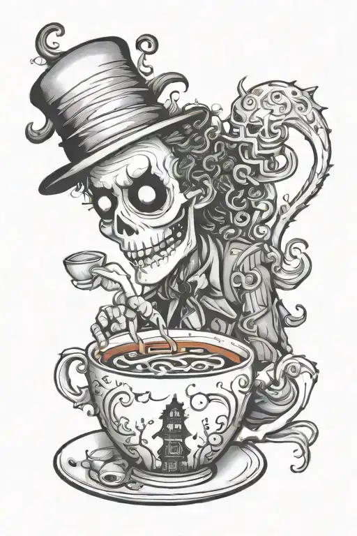 Tim Burton horror theme drinking tea tattoo design idea