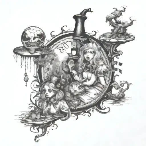 Alice in wonderland style horror movie scene tattoo design idea