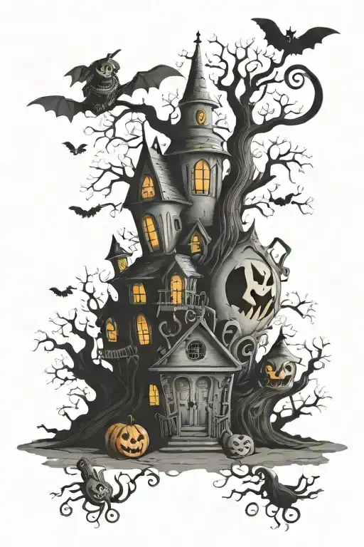 Tim Burton style Halloween scene tattoo design idea