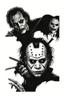 Tim Burton scary movie scene featuring IT and Jason vorhees and Michael myers tattoo design idea