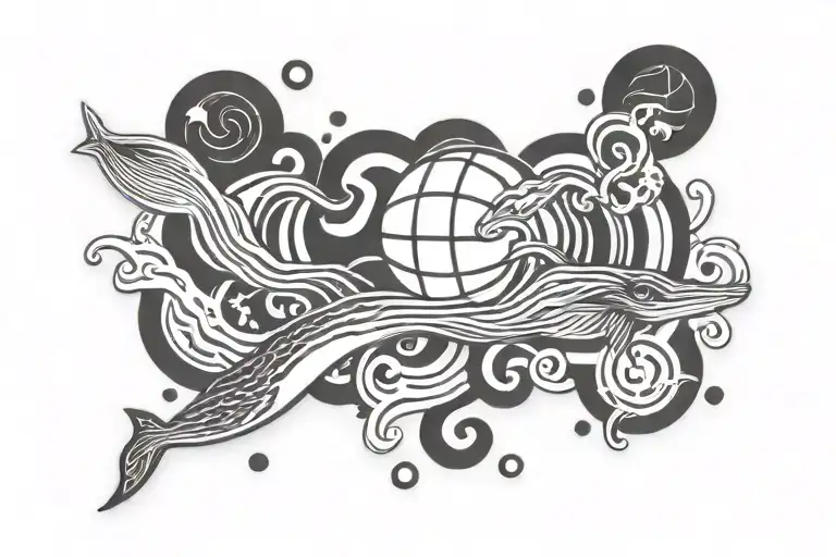 A tattoo of an NBA logo merged with ocean waves and sea animals tattoo design idea
