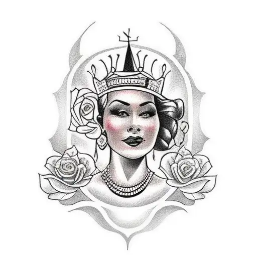 Traditional tattoo of a queen chess piece surrounded by intricate floral patterns tattoo design idea