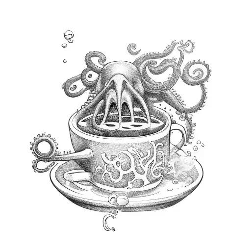 A scuba diving octopus holding a steaming cup of coffee tattoo design idea