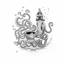 A scuba diving octopus holding a steaming cup of coffee tattoo design idea