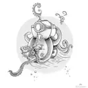A scuba diving octopus holding a steaming cup of coffee tattoo design idea