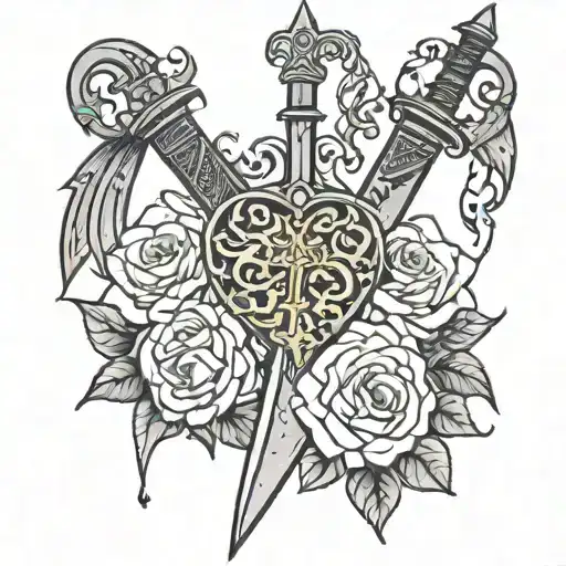 a tattoo design of a gothic sword which is being used as a scale to balance a heart and a brain tattoo design idea