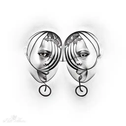 African American inspired Gemini twins with music notes intertwined in their hair tattoo design idea