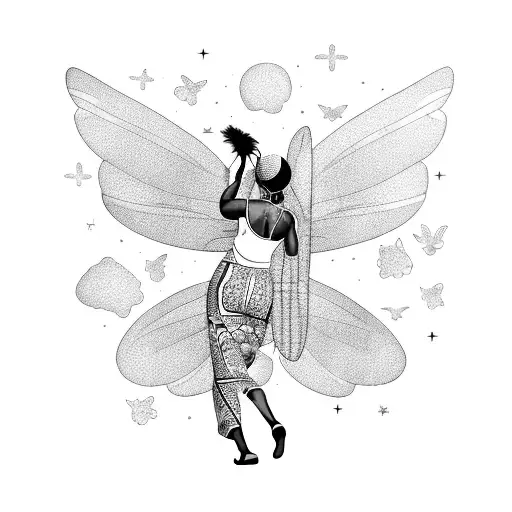 African American woman with butterfly wings singing by the ocean, with Gemini constellation above tattoo design idea