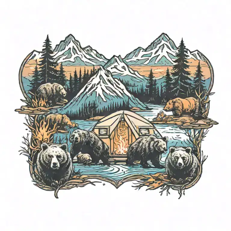 Colorful L, Camping, Water, Bonfire, Trees, Small Camper, Mountains, Compass, 4 bears  tattoo design idea