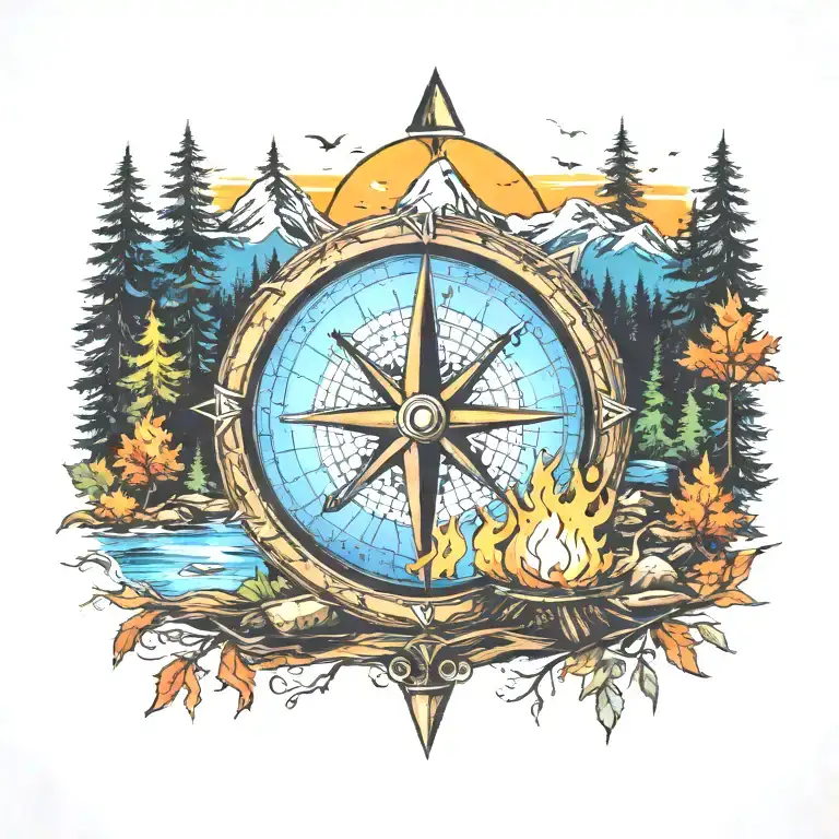 create a Colorful 13x17 tattoo, with a compass in the middle, connecting camping background, river, Bonfire, Trees, Smal tattoo design idea