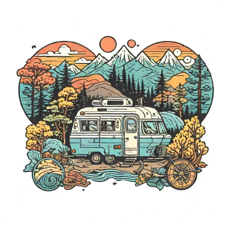 [Yesterday 7:44 PM] Christopher Gonzalez Colorful, Camping, Water, Bonfire, Trees, Small Camper, Mountains, Compass, 4 b tattoo design idea