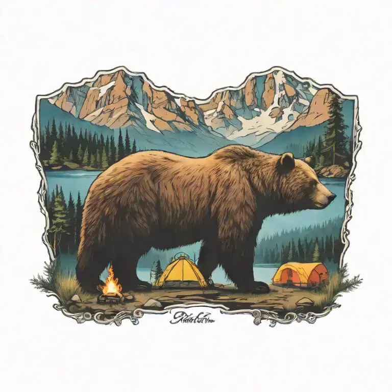 Colorful, Camping, Water, Bonfire, Trees, Small Camper, Mountains, Compass, 4 bears  tattoo design idea
