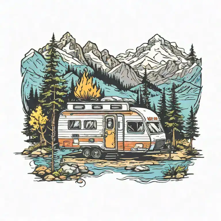 Colorful, Camping, Water, Bonfire, Trees, Small Camper, Mountains, Compass, four b tattoo design idea