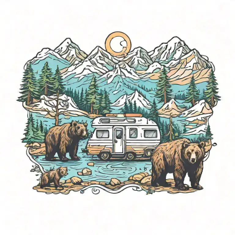 Colorful, Camping, Water, Bonfire, Trees, Small Camper, Mountains, Compass, 4 bears  tattoo design idea