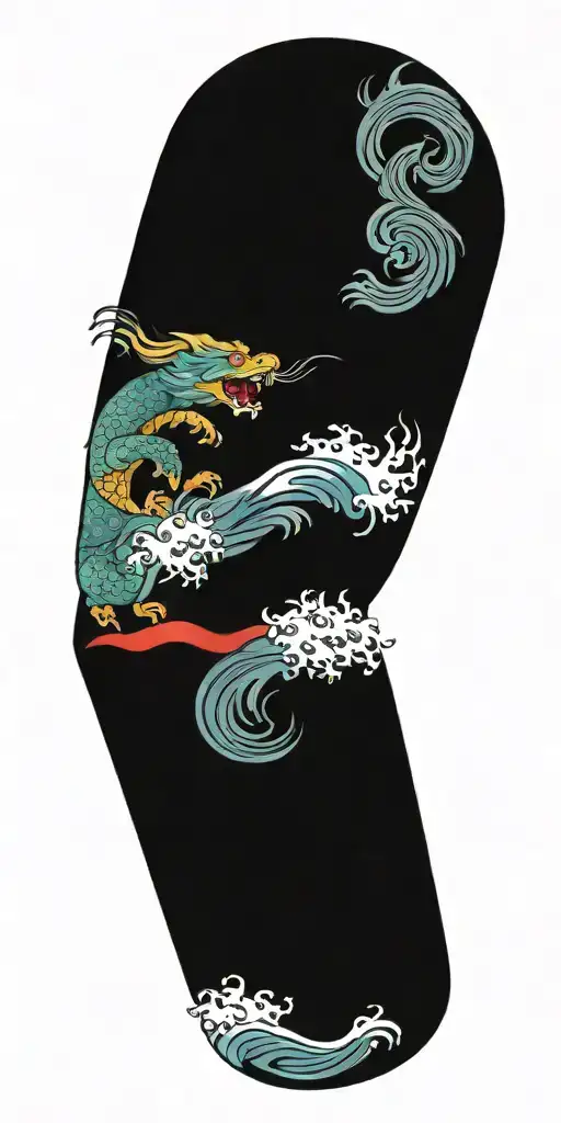 Japanese, Colorful, tattoo, Fu Dog, wrapped around the arm, Waves Crashing In The Background tattoo design idea